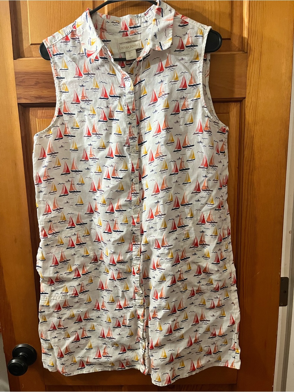 Cynthia Rowley 100% Linen White Sailboat Dress Buttons V Neck Pullover L Beach